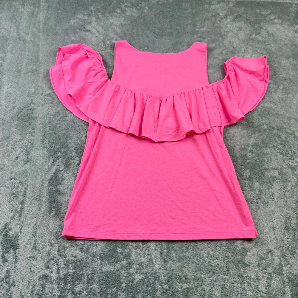 Lilly Pulitzer Size M‎ Bright Pink Lyra Cold-Shoulder Ruffled Top - Picture 2 of 7